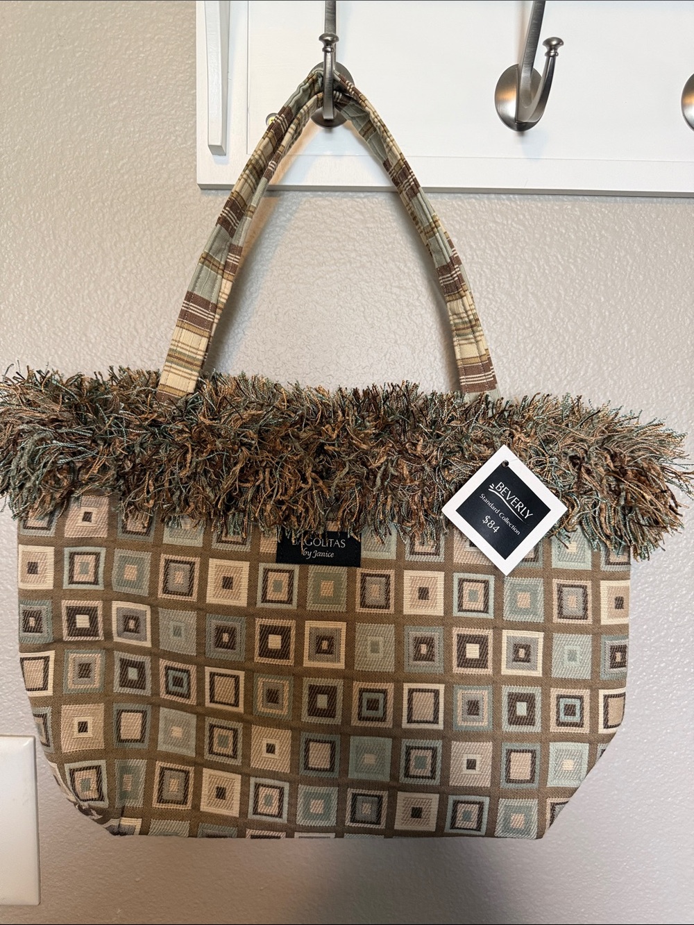 Multi-Tone Fringe Tote Bag in Brown/Light Blue